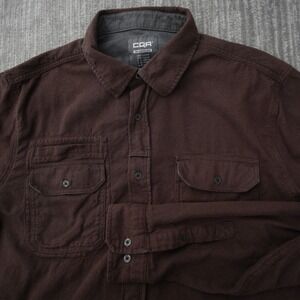 CQR Flannel Shirt Men Brown Solid Button Up Long Sleeve 2 Pockets Cotton Large